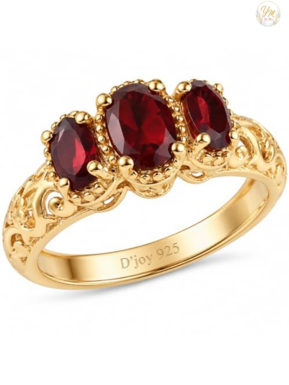 3 Stone Garnet Ring Sterling Silver 14K Gold Plated January Birthstone Size 6